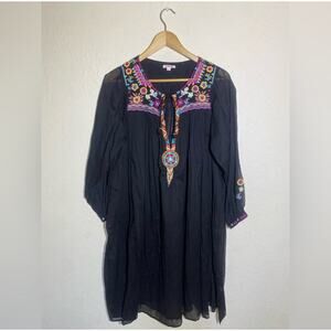 Johnny Was Black Embroidered Long Sleeve Thin Dress‎ ( One Size )